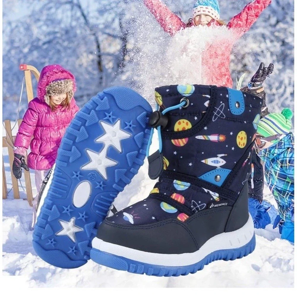 Boys Winter Snow Boots Faux Fur Lined Warm Mid Calf Outdoor Ski Boots
